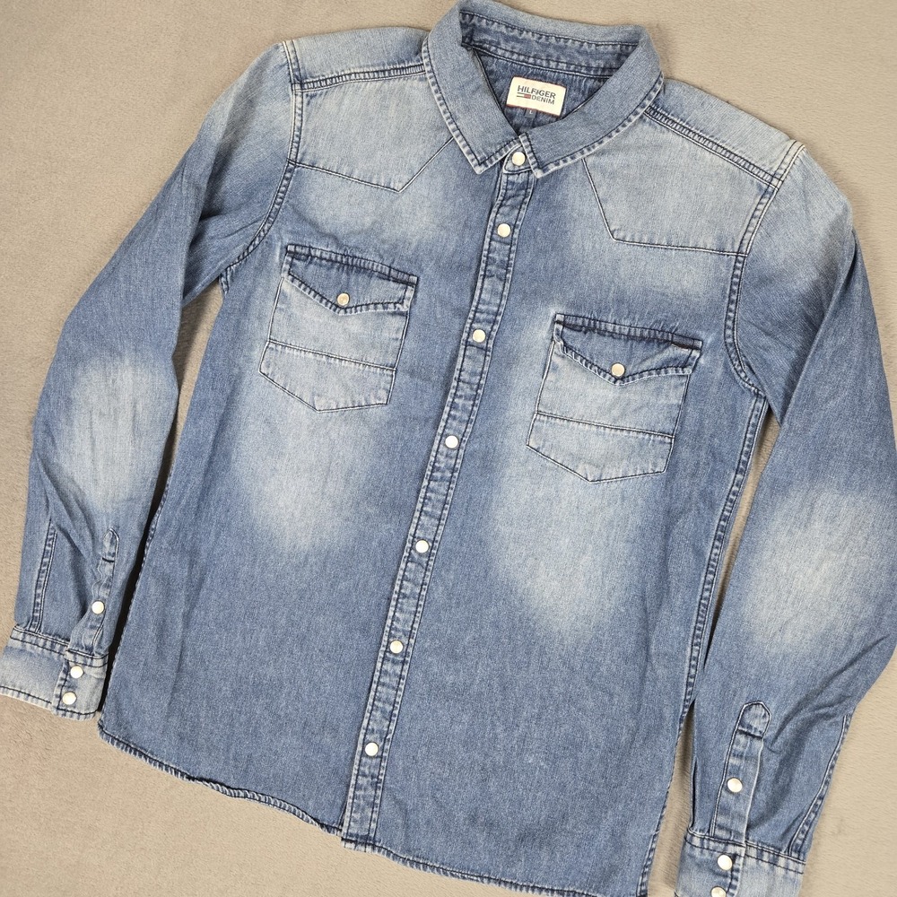 VTG Tommy Hilfiger Denim Shirt Large Indigo Blue Pearl Snap Button Western